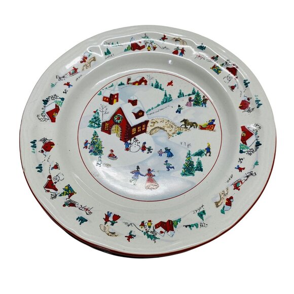 Farberware Holiday Village Porcelain 8" Salad Plates Christmas Scene Set - Picture 2 of 7